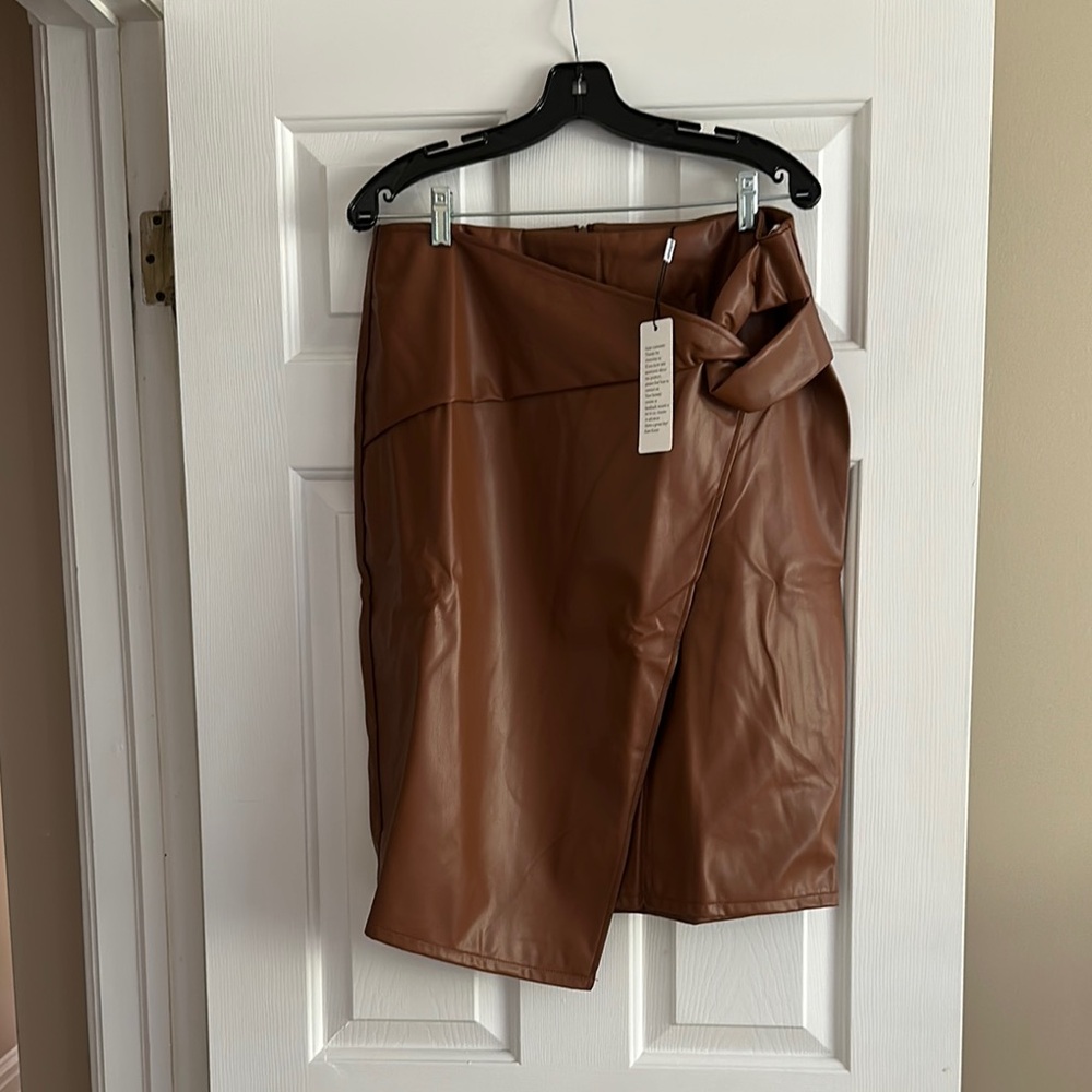 Vegan leather Brown Asymmetrical Skirt with Earthy Tones
